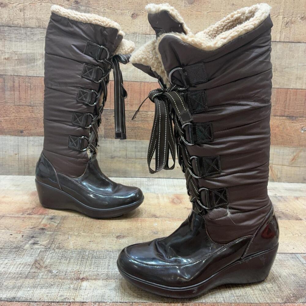 Sperry Snow Boots Womens Size 7 Brown Faux Fur Wedge Mid Calf Winter